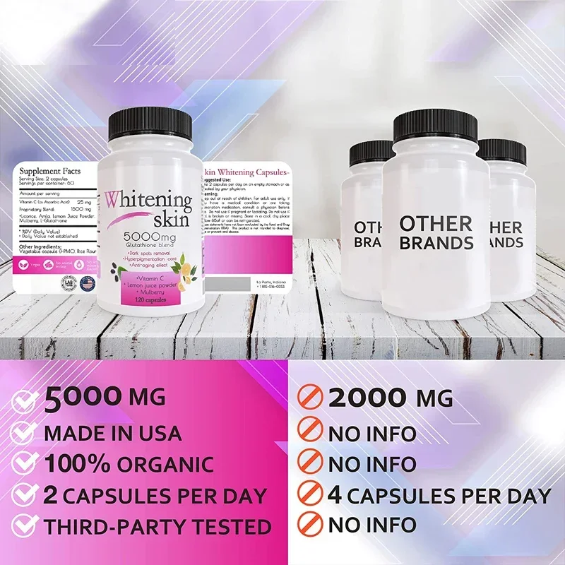 1 bottle 5000mg Glutathione Whitening Capsules effectively counteract skin antioxidant anticellular aging brighten skin