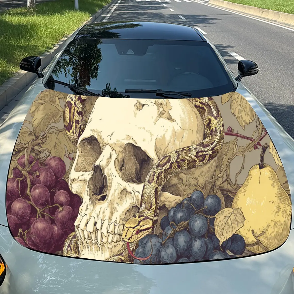 

Eerie Skull & Grapes Car Hood Stickers - Self-Adhesive, Waterproof and Durable Vinyl Wrap, Decorate And Protect Your Car, Fit Fo