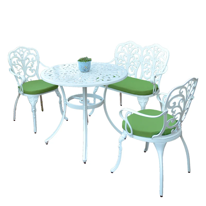 Mesas e cadeiras ao ar livre, mesas e cadeiras de varanda europeias ao ar livre para lazer no pátio, mesas e cadeiras brancas de alumínio fundido