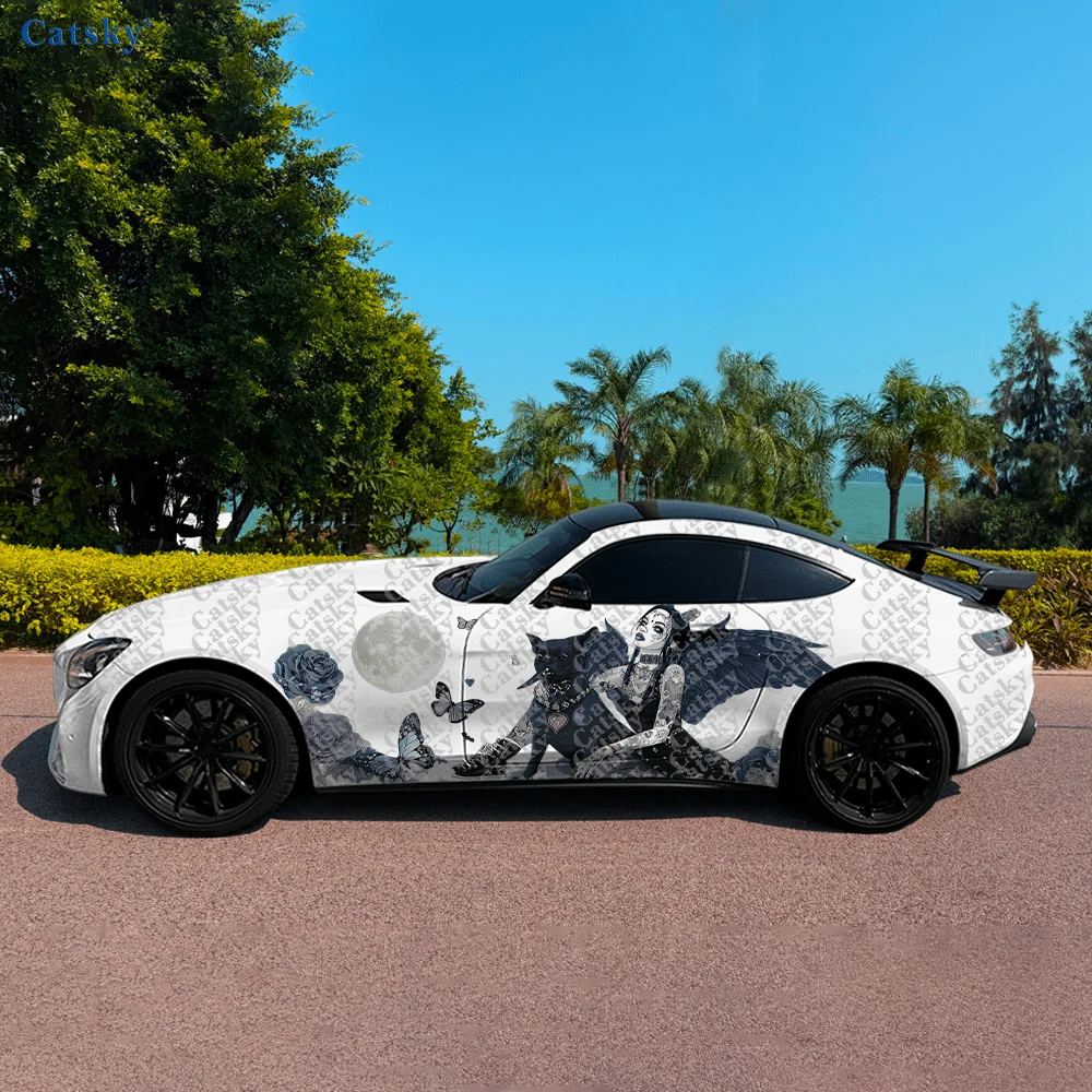 

2pcs Gothic Tattooed Girl Car Side Car Wraps, Self-Adhesive PVC Waterproof & Scratch-Resistant Stickers, Car Accessory Gift