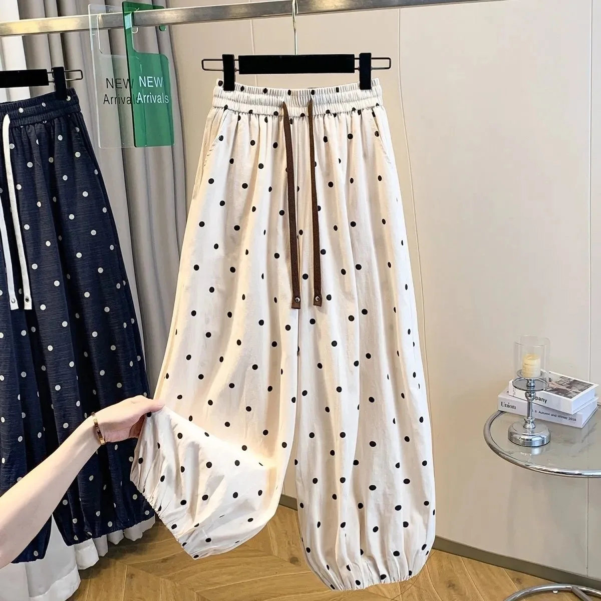 New Summer Women's Comfort Elastic High Waist Classic Apricot Color Polka Dot Printed Loose Nine-Part Lantern Pants
