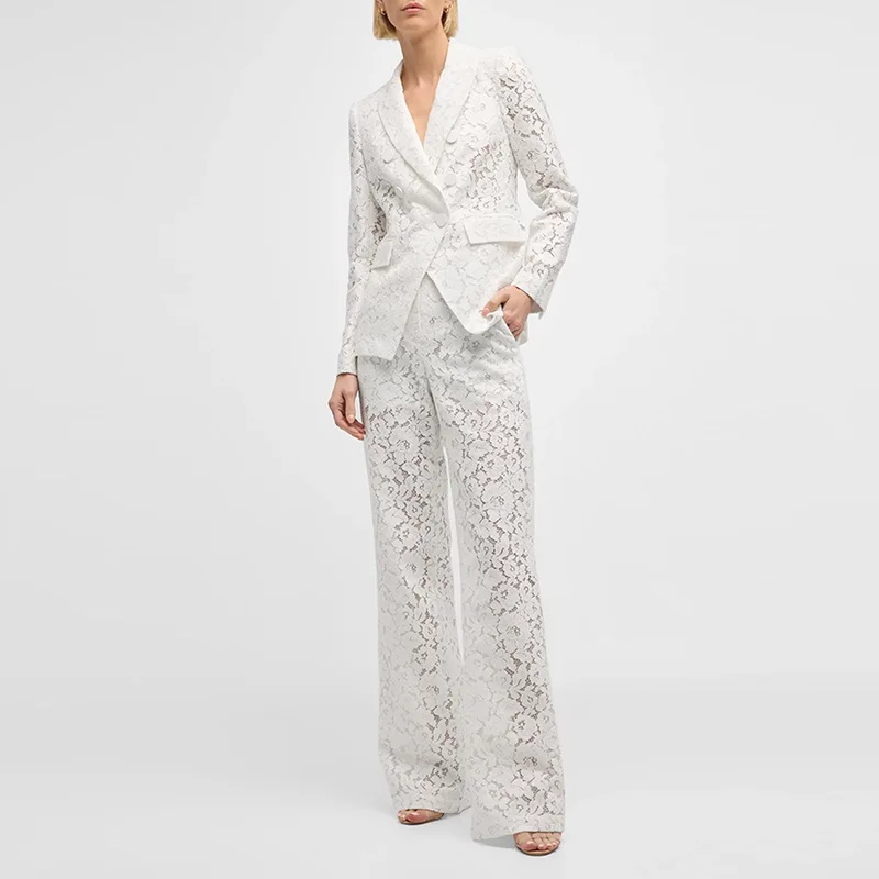 Ensemble Blazer et Pantalon en Dentelle Blanche pour Femme, Tenue de Bureau Formelle, Manteau de Mariage, Bal, 2 Pièces