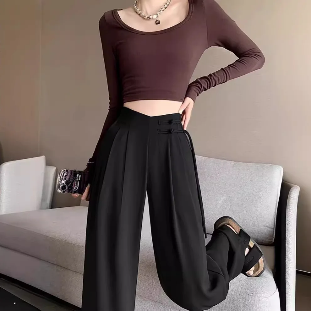 Suit pants for women in spring and summer 2024, new Chinese style Chinese style buckle with high-end feel, loose drape, straight