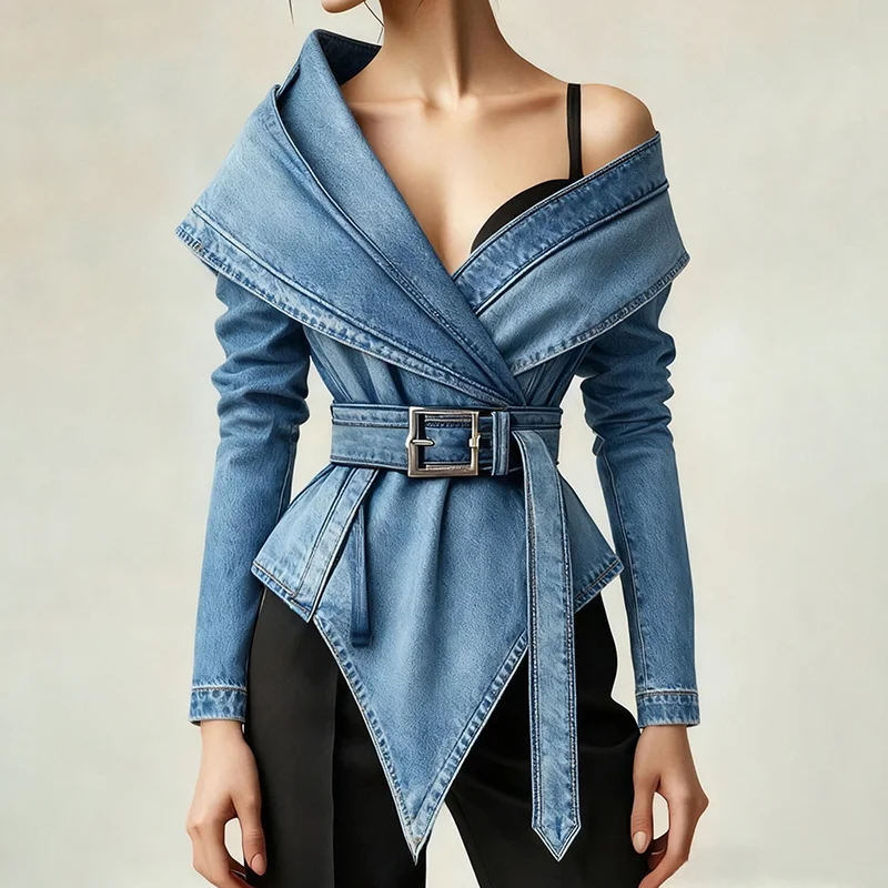 Retro Denim Jacket for Women's One Shoulder Irregular Hem Long Sleeve Slim Fit Coat Casual Vintage Y2K Outerwear With Belt