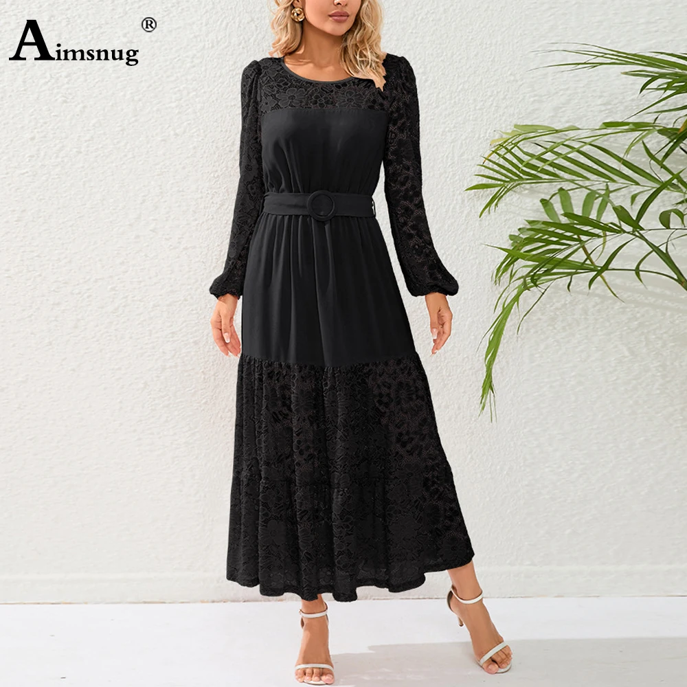 Women Long Sleeves Elegant Mid-Calf Dress Plus Size Womens High Split Patchwork Lace Dresses Femme A-line Dress Clothing 2023