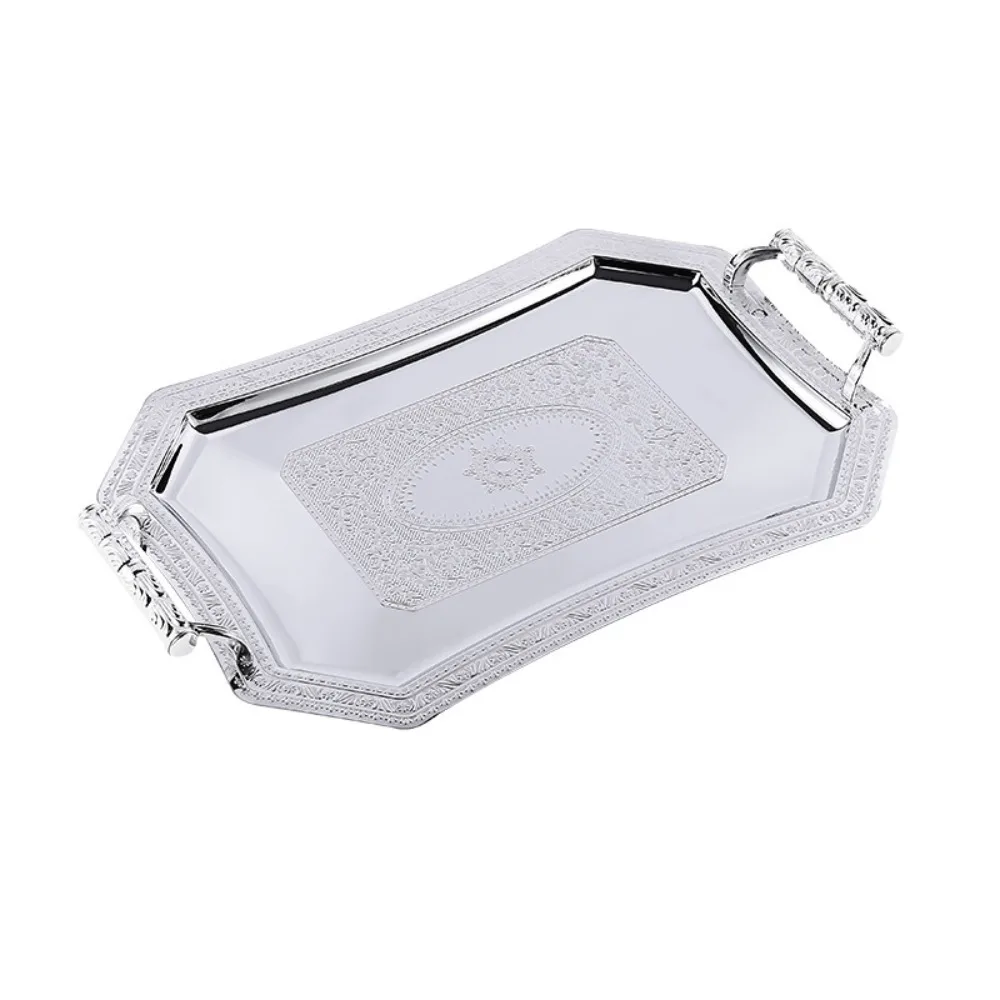 

European Style Stainless Steel Storage Tray Vintage Delicate Pattern Candy Dessert Plates with Handle Tea Tray Weddings