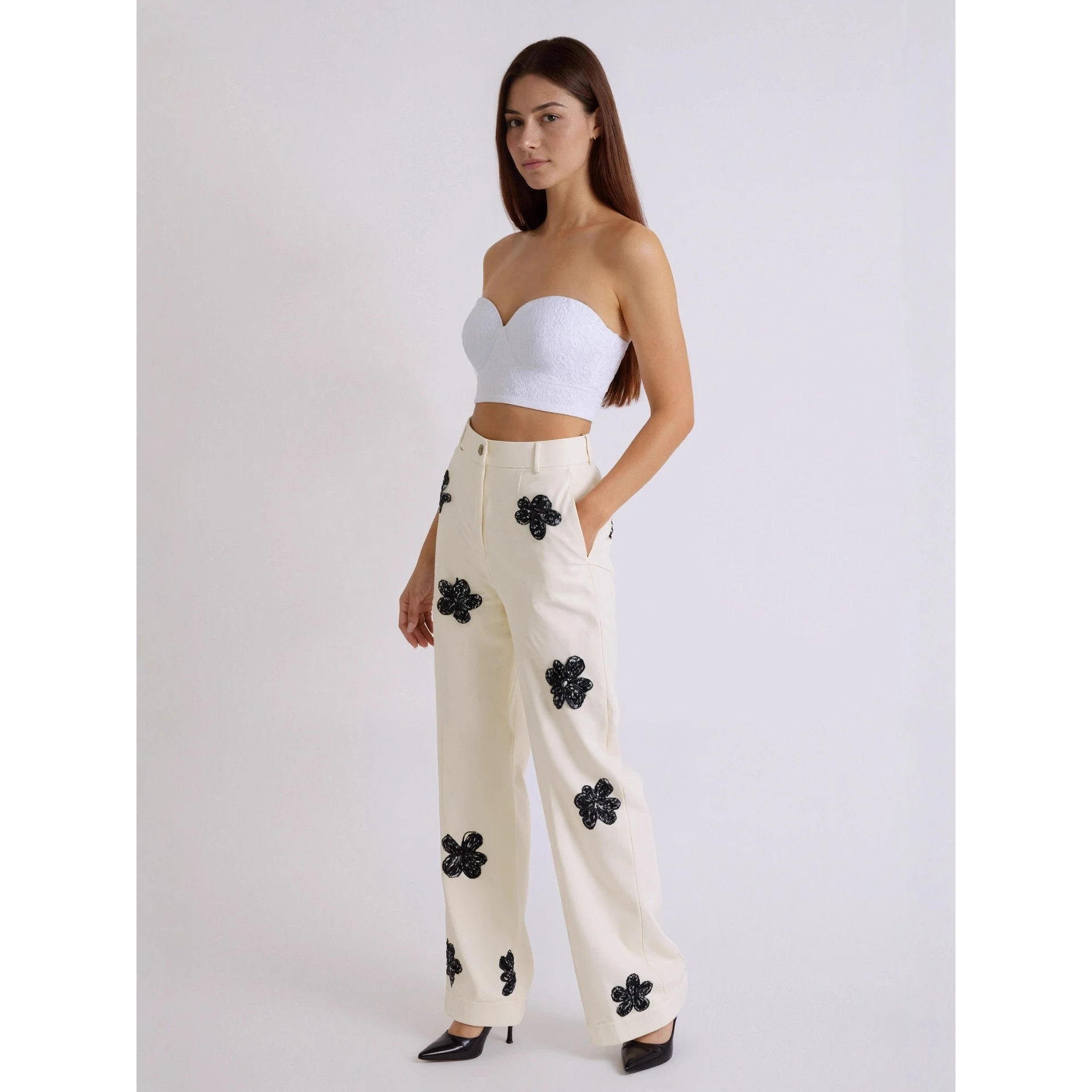 Fashionable Casual Printed Long Pants White Commuter Business Autumn Winter Versatile mid Waist Cross-Border New Style