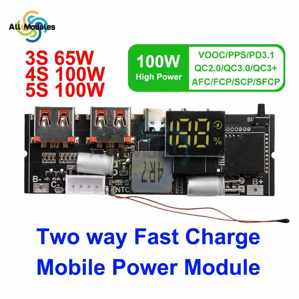 3S 4S 5S 65W 100W Power Bank Double C Port Two way Fast Charge Mobile Power Module 18650 Charging Temperature Protection