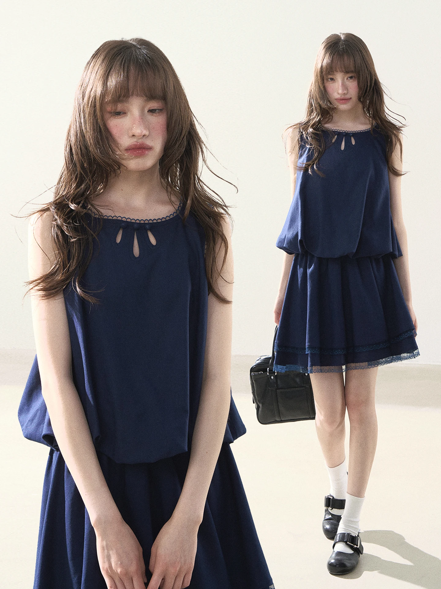 

Уникальный красивый летний комплект: синий топ с ажурным дизайном и юбка, женский модный ансамбль из двух предметов