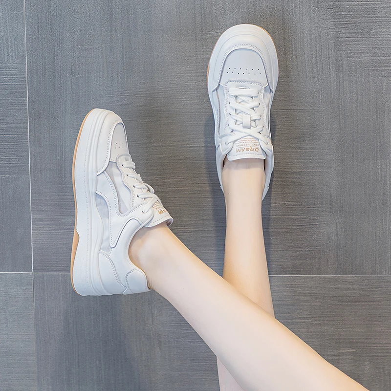 Leather Mesh Yarn Small White Shoes Women's Shoes 2023 New Soft Sole Sports Casual Shoes Vulcanized Shoes All Match Breathable