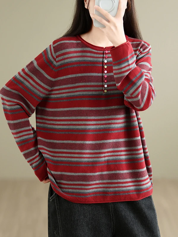Retro Gradient Color Stripe round Neck Knitted Sweater Women's Loose Fit Comfortable Slimming Autumn Top Breathable Long Sleeve