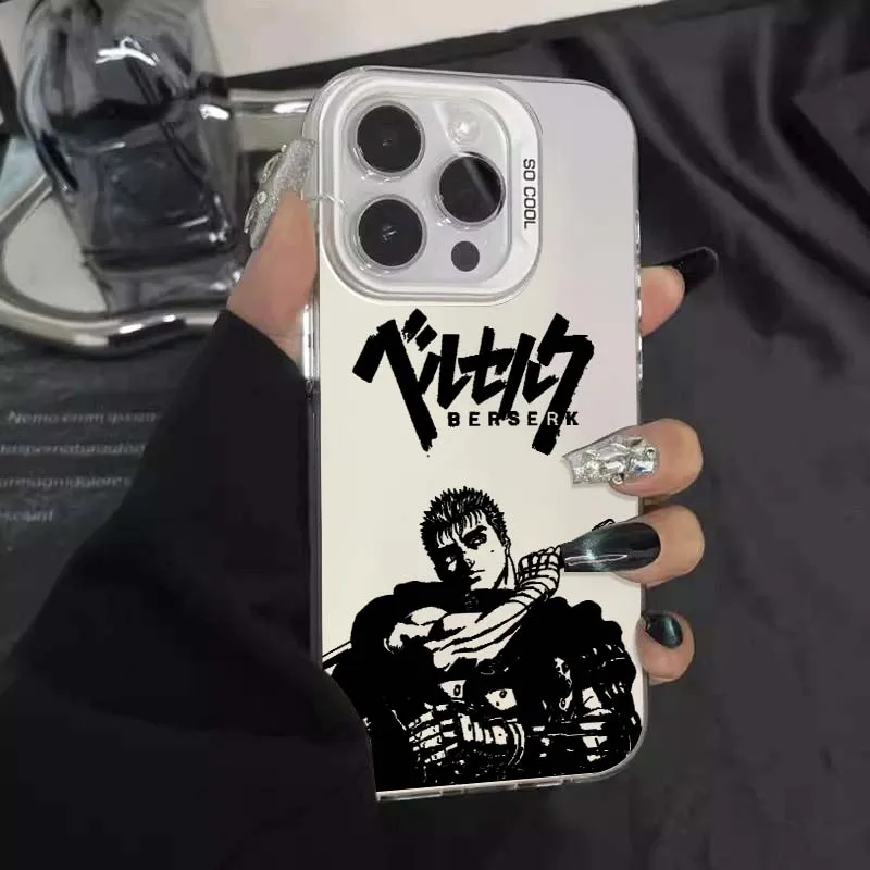 Berserk Catroon أنيمي لابل آيفون 16 15 14 13 12 11 XS X Pro Max Plus غطاء فضي ملون جراب هاتف