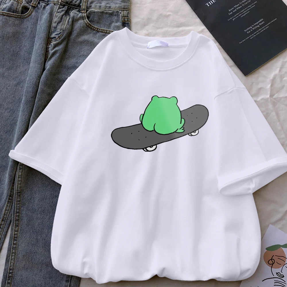 Frog on Skateboard Back Metal Female Comfort T-Shirt Humor T Shirt Breathable Summer Tops Hip Hop Women Print Short Sleeve