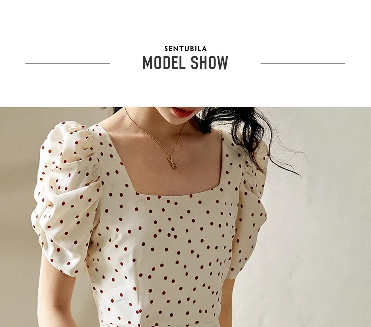 SENTUBILA Sommerkleider Damen 2026 Französisches Elegantes Polka-Dot-Kleid mit Kurzen Ärmeln, Quadratischem Ausschnitt, Raffung und Schlitz 122L41885 – Detail 13