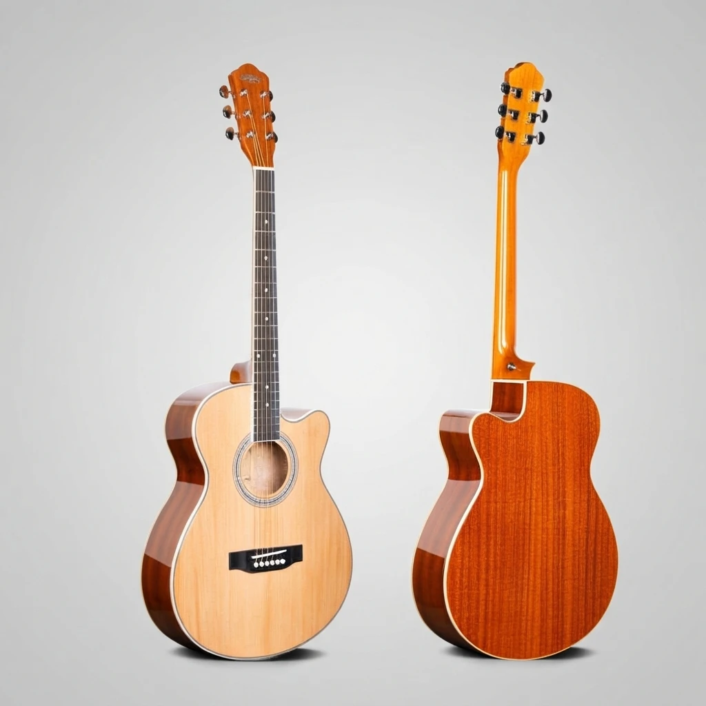 Natural Gloss Top Red-Brown Back Sides GA Cutaway Acoustic Guitar 6 Strings Golden Tuners for Beginners, Great for Practice