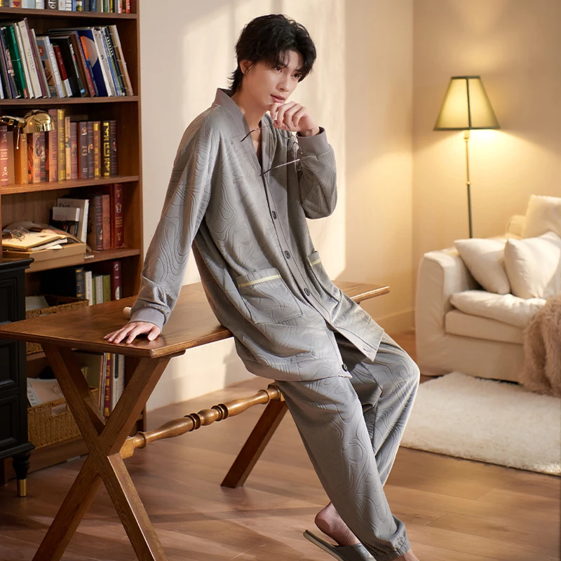 Winter Island Velvet Pyjamas For Young Male Pajama Sets Mid-length Tops+Long Pants Casual Tracksuit For Men Thick Flannel Yukata