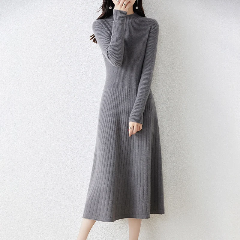 Hot Sale 100% Pure Wool Knitted Sweater Women Long Sleeve Standard Cashmere Knitwear 2023 Winter New Fashion Female Dresses