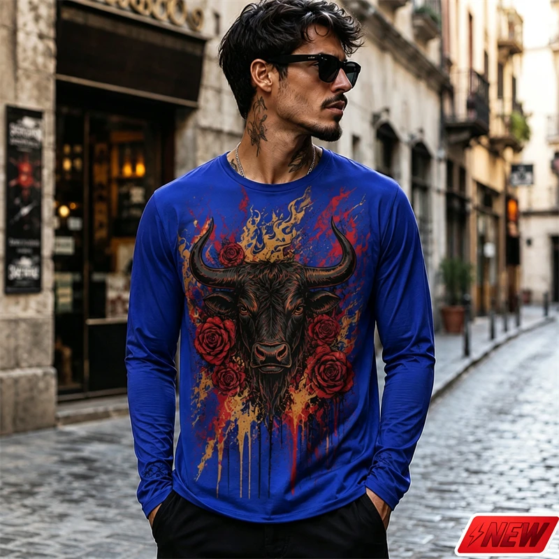 Men Long Sleeve T Shirt 3D Print Bull Rose Flame Pattern Top Retro Wild Animal Graphic Casual Tee Street Daily Outdoor Party Tee