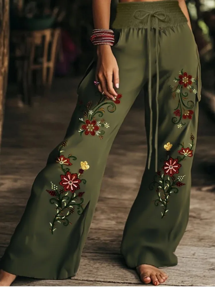 Leisure Flower Print Pant For Woman Spring Autumn Fashion Elastic Waist Lacing Design Trousers Ladies Hot Style Versatile Pants