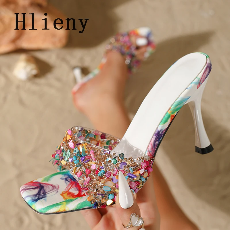 

Hlieny/пикантные модные разноцветные женские тапочки с драгоценными камнями и бриллиантами и кристаллами, летние модельные туфли на тонком каблуке с квадратным носком для банкета и вечеринки