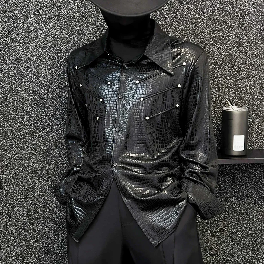 2026 Korean Embossed Rivet Black collar shirt Male Rascal Handsome Heavy Industry Diamond studded Long sleeved Shirt