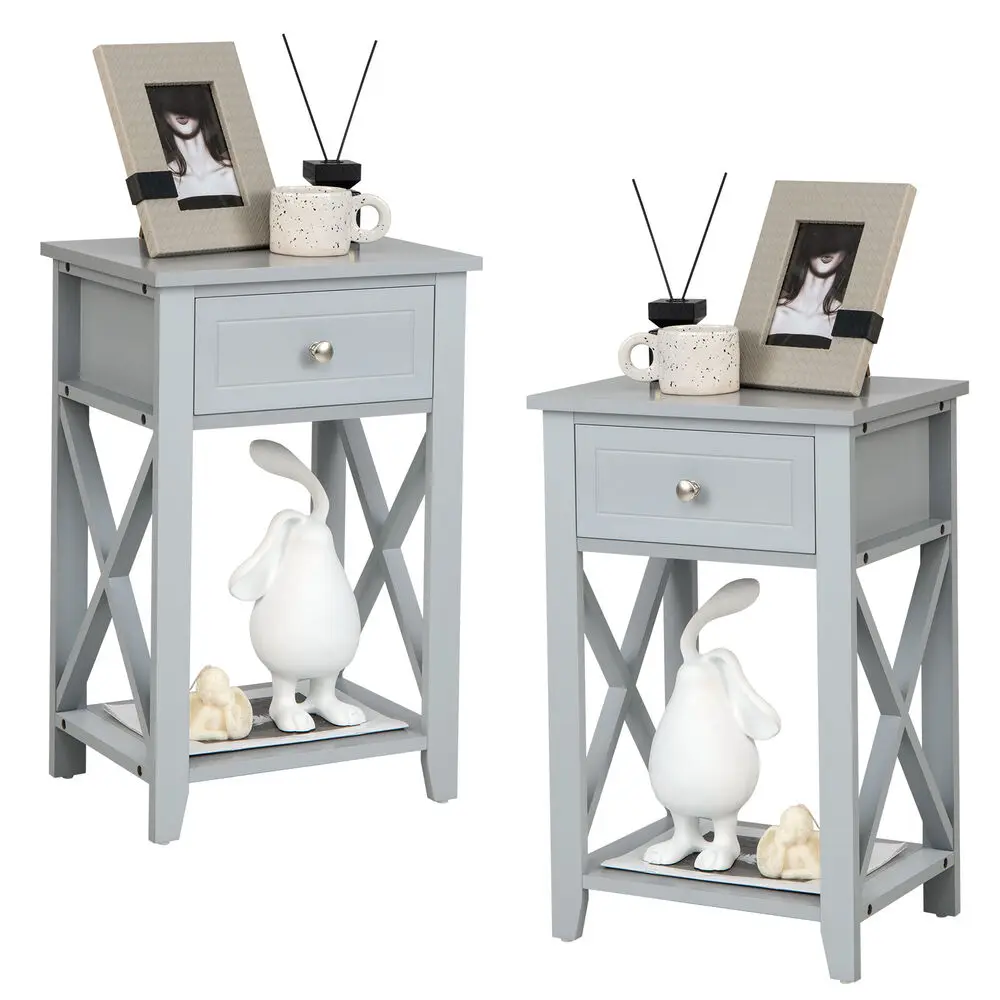 Costway 2 PCS Bedside Sofa End Table Nightstand w/ Drawer for Living Room Bedroom Grey