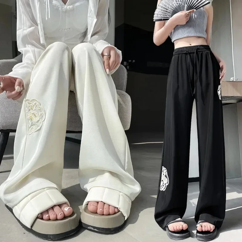 2024 New Chinese Jacquard Wide-Leg Pants Women's Summer Thin Elastic Waist Trousers High Waist Embroidered Straight Pants 6XL