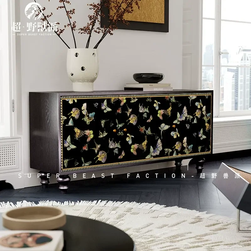 Chinese Style Solid Wood Chest Cabinet Living Room Locker Household Dining Side Cabinet Porch Black Paint Storage Unit