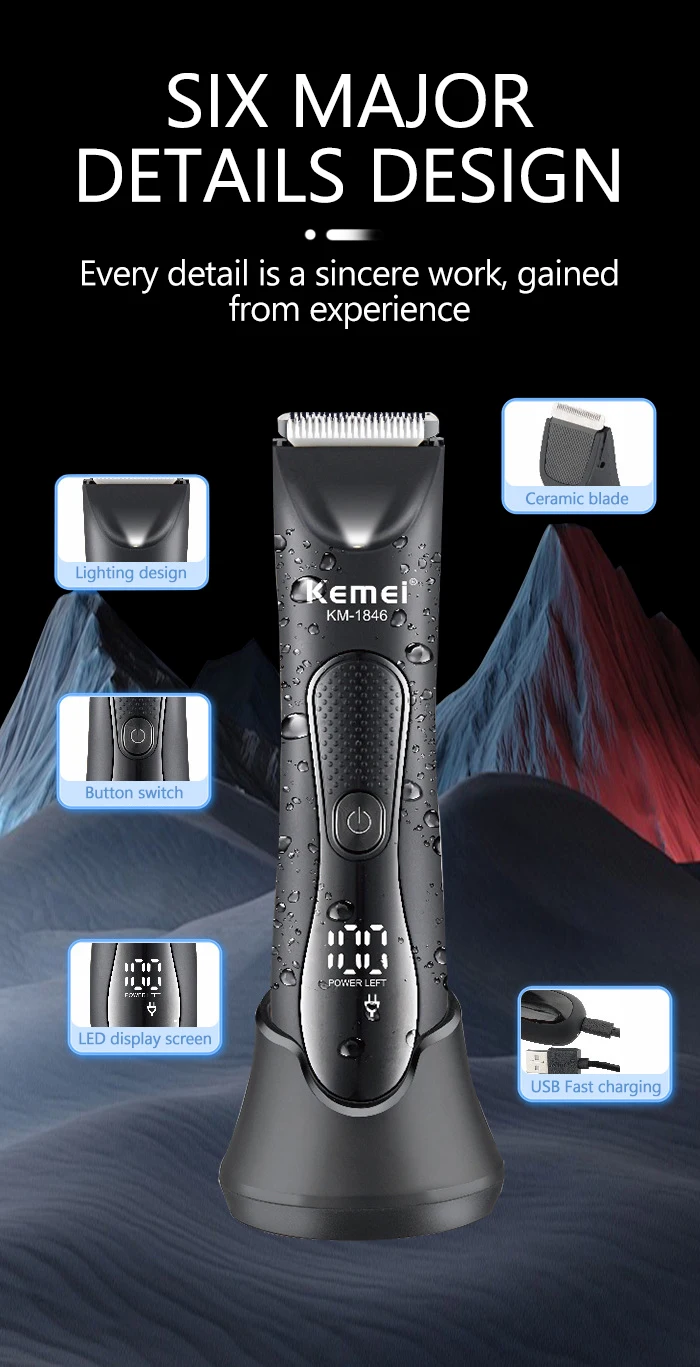 Kemei KM-1846 IPX7 Wasserdichter Haarschneider für den Intimbereich Elektrischer Haarentferner mit LED-Anzeige Bikini-Rasierer – Detail 7