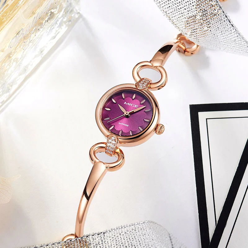 MIGE Ladies Quartz Watch,  Hollow Chain Design, White Textured Dial, Crystal Inlay, Sapphire Glass Elegant