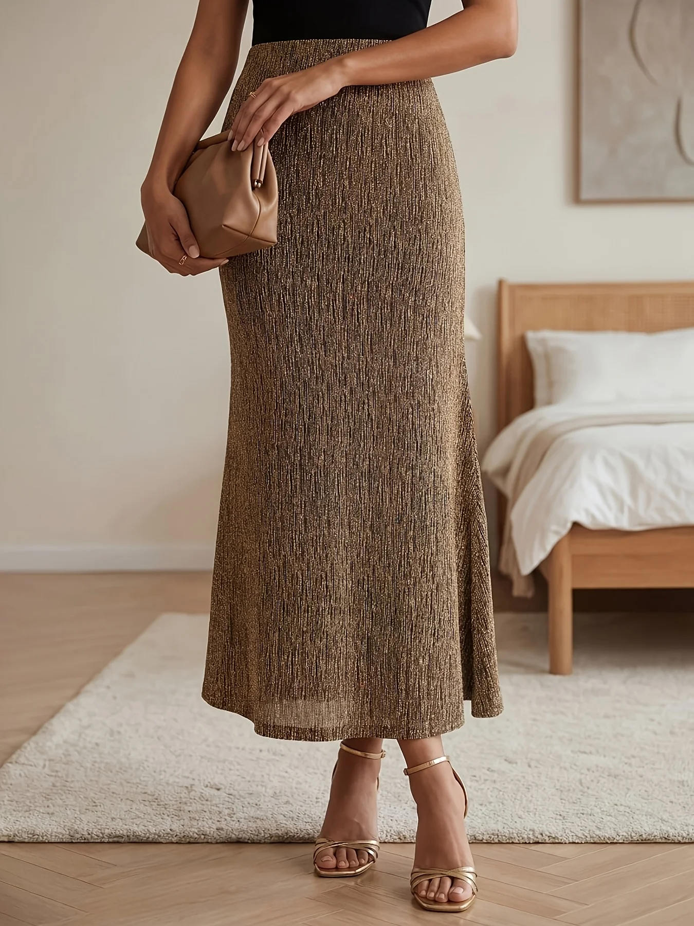 Damen-Freizeitkleid, elegant, einfarbig, mit elastischem Bund, halb langer Rock, modisch und bequem, Damenbekleidung. – Detail 5