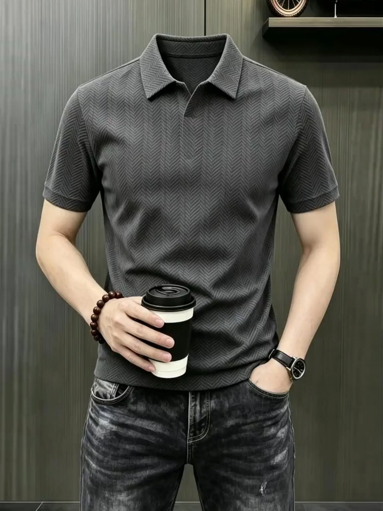 Gray Wheat Pattern Collared Short Sleeve  Shirt Men Summer American Retro High Sensation T-Shirt Matures Top Fashion