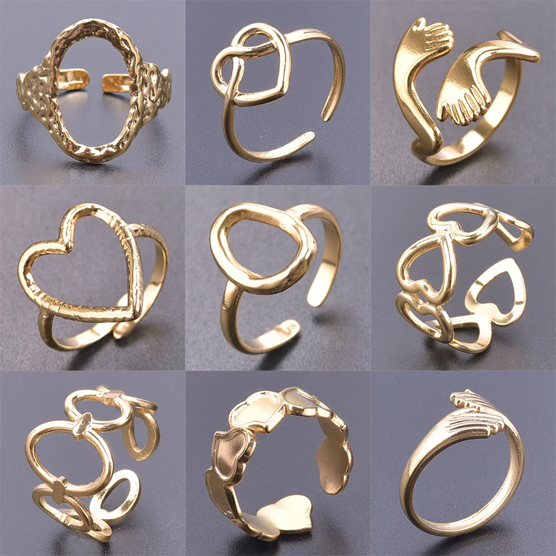 Abstract Hollow Irregular Open Adjustable Stainless Steel Rings Gothic Irregular Geometric Hammered Heart Lover Jewelry Rings
