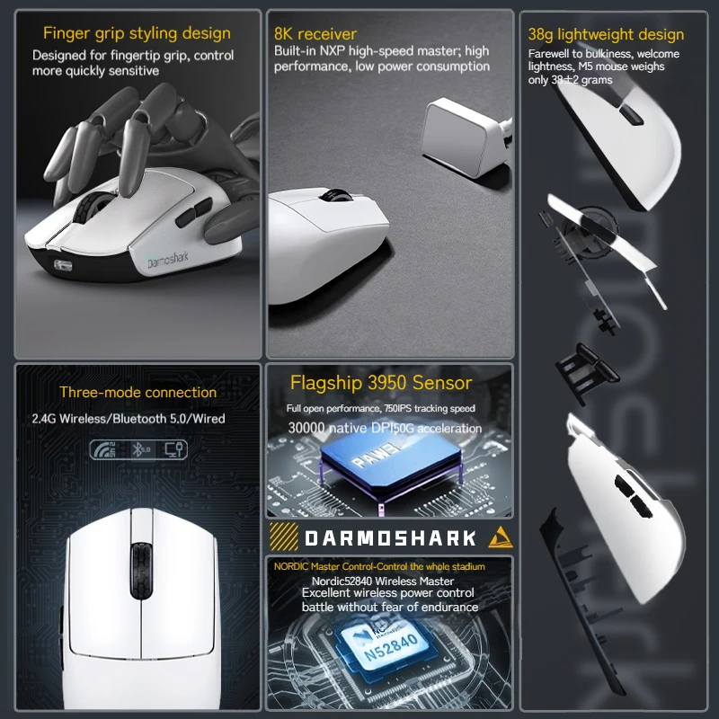 Imagem -02 - Mouse sem Fio Darmoshark M5pro Conexão Mode Design Finger Grip 38g Leve Sensor Paw3950 Mouse para Jogos Suporte Novo