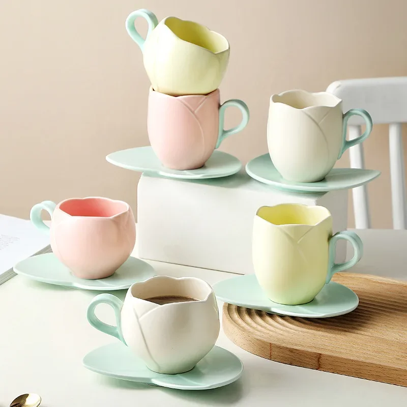 European-Style Pink Tulip Ceramic Coffee Cup & Saucer Set - Luxury Girly Mug for Breakfast, Tea & Milk