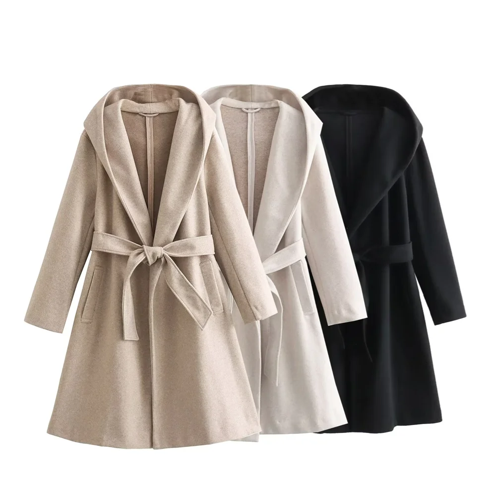 PB&ZA 2023 Autumn and Winter New Women\'s Fashion and Temperament Mid Length Belt Loose Coat Hooded Woolen Coat