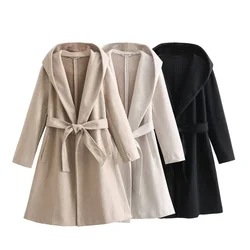 PB&ZA 2023 Autumn and Winter New Women's Fashion and Temperament Mid Length Belt Loose Coat Hooded Woolen Coat