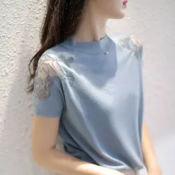 Temperament Summer T-Shirts Women's Ice Silk Thin Solid O-Neck Lace Gauze Embroid Fashion Casual Loose Short Sleeve Knit Tops