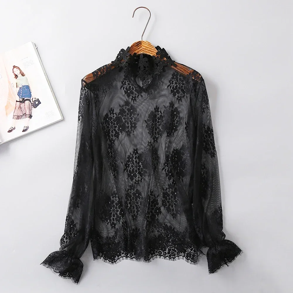 

Y2K See Through Mesh Gauze Hollow T Shirt Girl Black White Flower Lace Trumpet Sleeve T-shirt Women S-L Elegant Breathable Tops