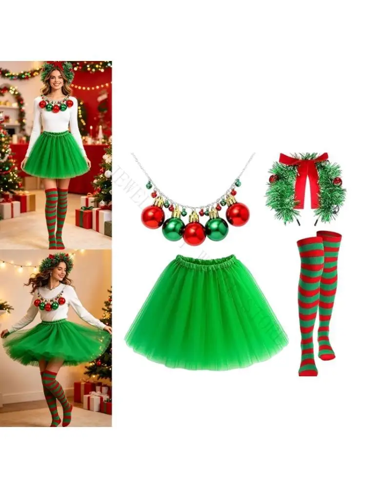 R7UF Holiday Party Costume Set with Tulle Skirt, Ornament Necklace, Headbands and Thigh High Socks Cosplay Accessory for Group