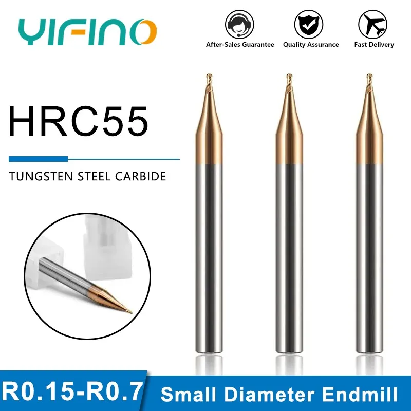 YIFINO HRC55 Tungsten Coated Steel Milling Cutter Small Diameter Ball Nose End Mills Carbide Machining Cutting Tools For Metal