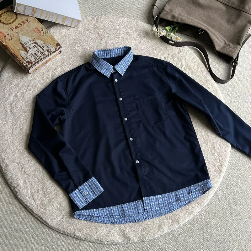 

Поддельные клетчатые рубашки из двух предметов, цветная одежда с длинными рукавами, куртка для мужчин и женщин, темно-синяя уличная повседневная рубашка V-образной формы, блузка