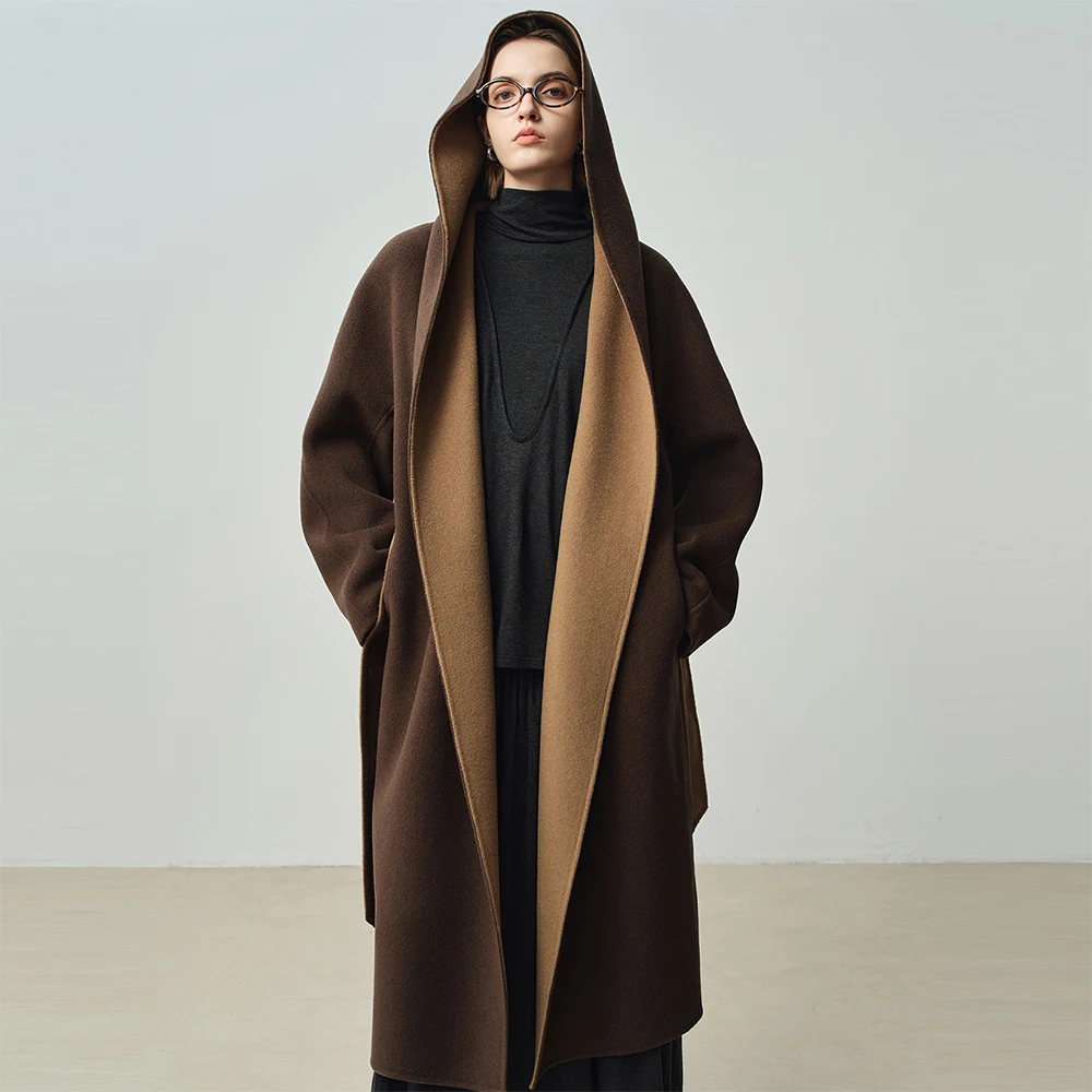 10% High-Quality Cashmere Women's Hooded Long Double-Sided Cashmere Coat Autumn And Winter Fashion Loose Style Wool Coat