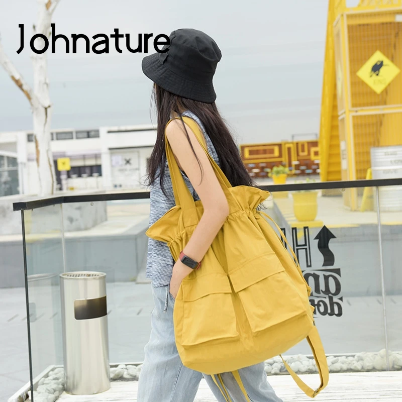 Johnature Leisure Oxford  Shoulder Bag Women Backpack 2024 New Dual-use Bag Solid Color Drawstring Large Capacity Travel Bags