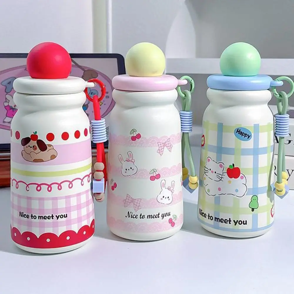 كوب معزول من الفولاذ المقاوم للصدأ سعة 500 مل، أكواب مياه للسيارة كرتونية مقاومة للغبار مع كوب مفرغ بحبل للنساء والفتيات