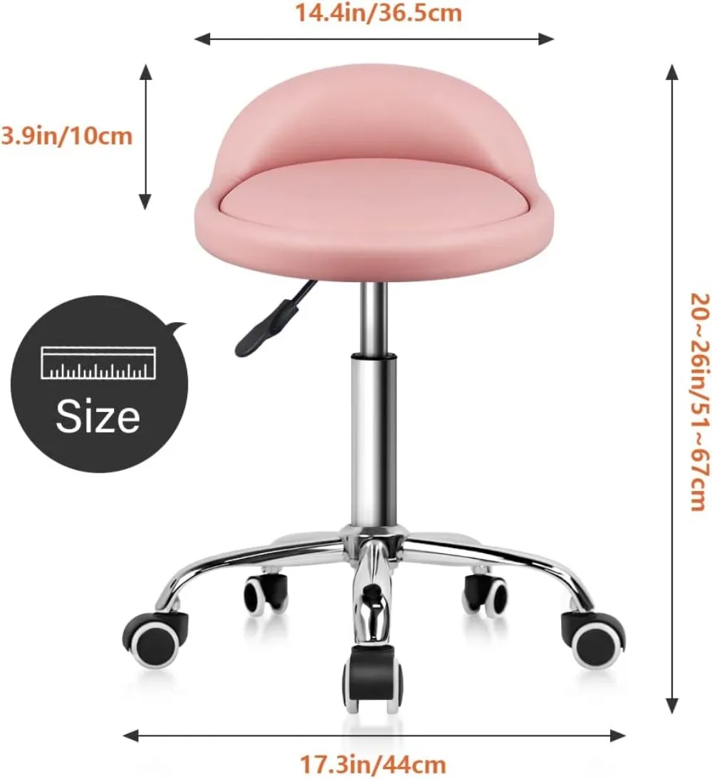 Adjustable Swivel Rolling Stool with Backrest, PU Leather Seat, 360-Degree Rotation, Pink - Ideal for Work and Salon