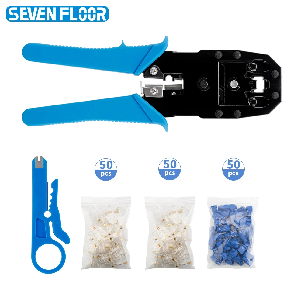 RJ45 Crimping Tool 8P6P4P Cat5 Crimper with 100pcs 8P8C Modular Plugs 50pcs Boots Wire Stripper