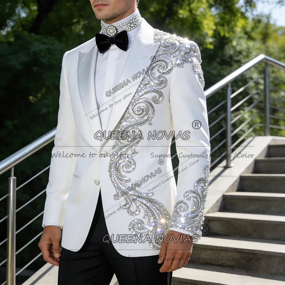 

Luxury Beaded Stones Suits Men Formal Wear Brilliant Beaded Crystals Jacket Pants 2 Pieces Groom Wedding Tuxedos Business Attire