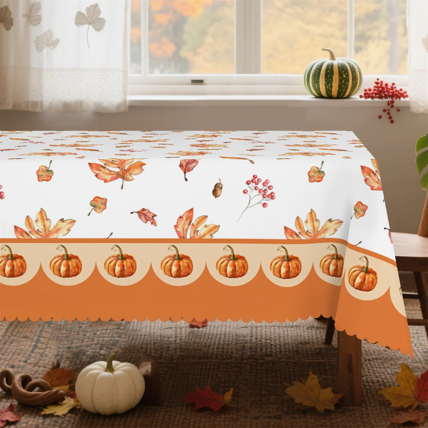 White background with brown frame pumpkin fruit leaf tablecloth - washable rural autumn harvest decoration