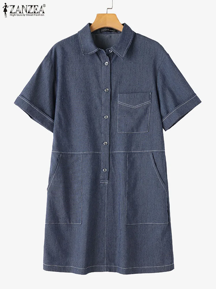 ZANZEA Denim Pockets Shirt Dress 2024 Summer Women Short Sleeve Sundress Fashion Solid Robe Casual Turn Down Collar Mini Dresses